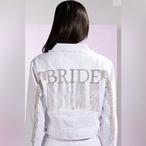 Brand New!! White Denim Rhinestone Fringed Trimmed Denim Jacket